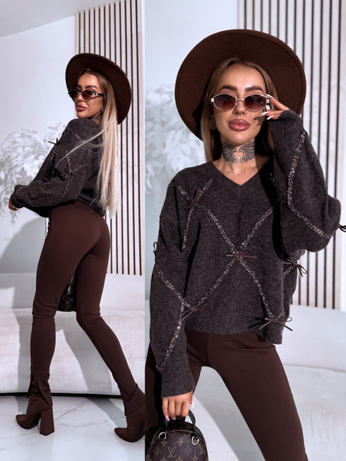 Knitted sweater "GLITTER BOW MO-4006" - CHOCO